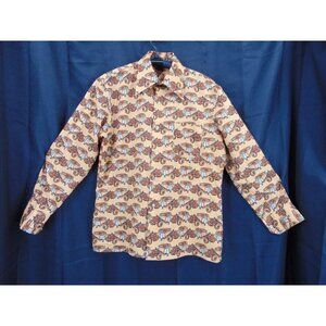 Nulook 70s Polyester Roadster 20s Theme Print Shirt M 16.5 Neck 34/35 Brown Tan